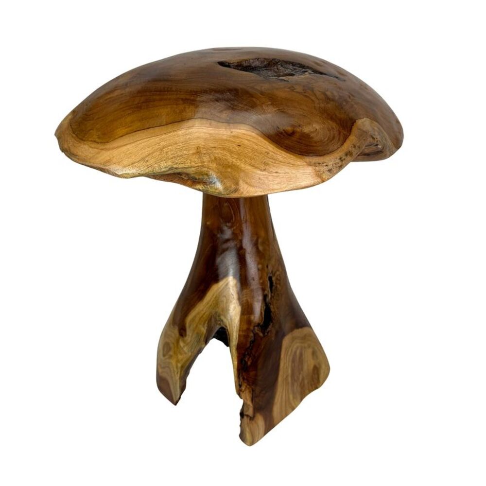 Teak Wood Mushroom Statue Hand Carved Natural Sculpture 16.5 in Decor